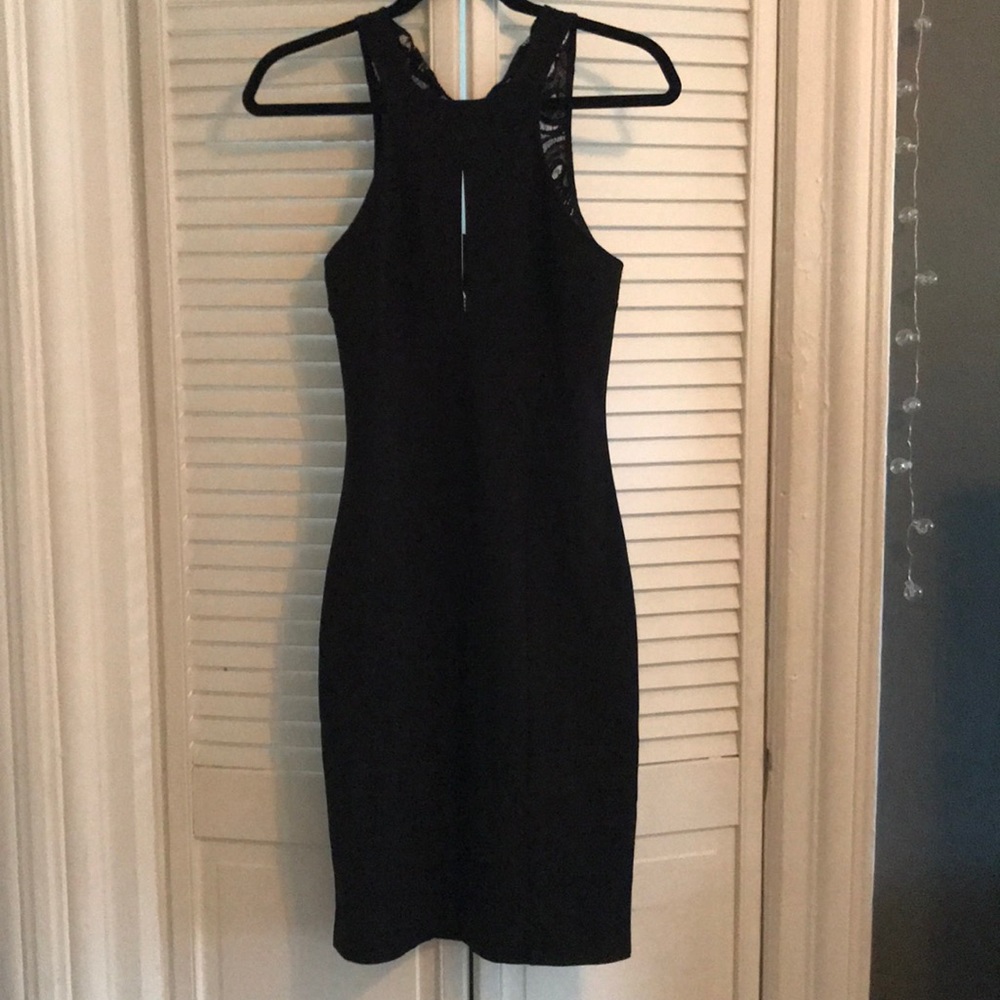 Black, lace open back, slit in front dress from HM
